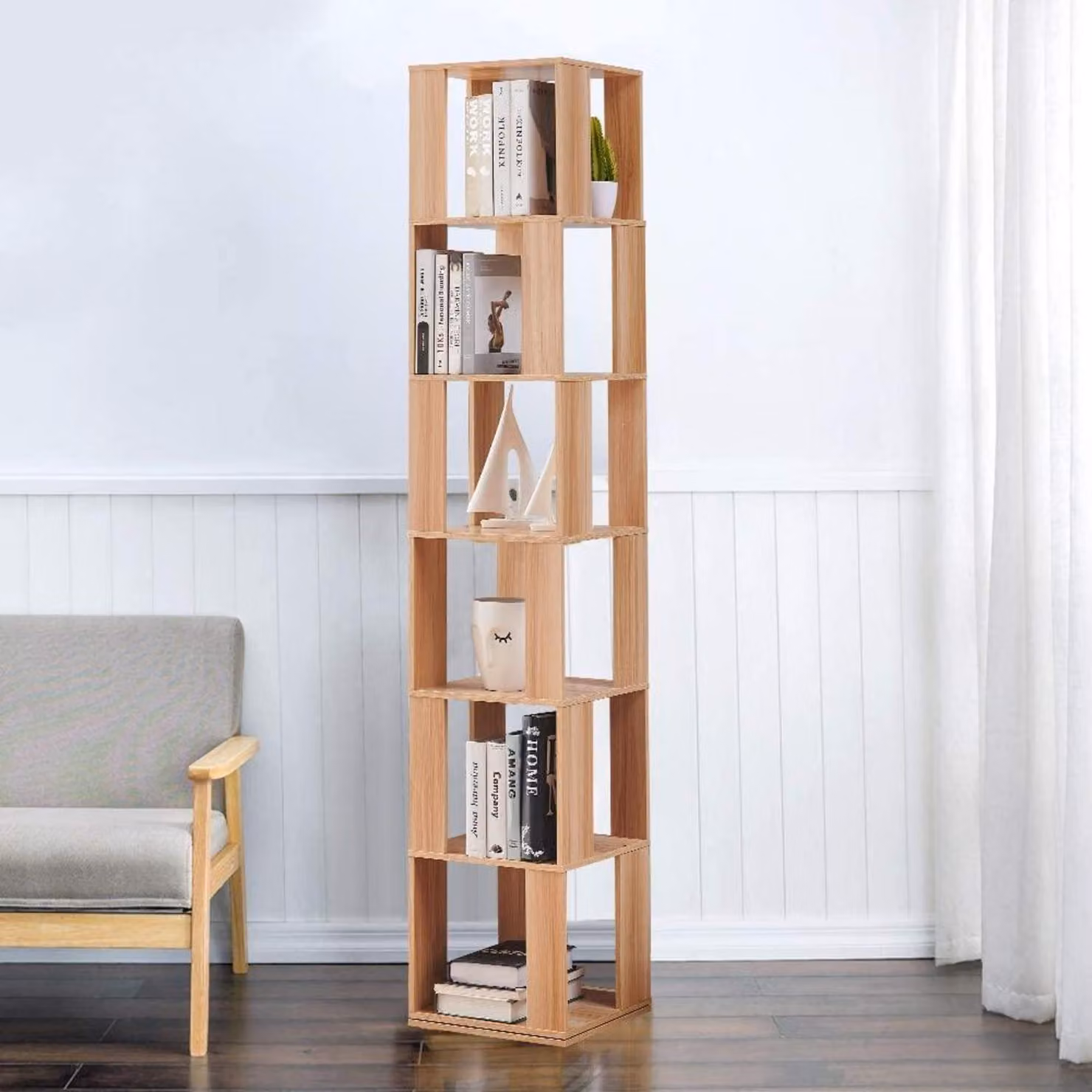 Libreria girevole con 6 ripiani, altezza 190 cm, realizzata in MDF con finitura in legno naturale, ideale per angoli