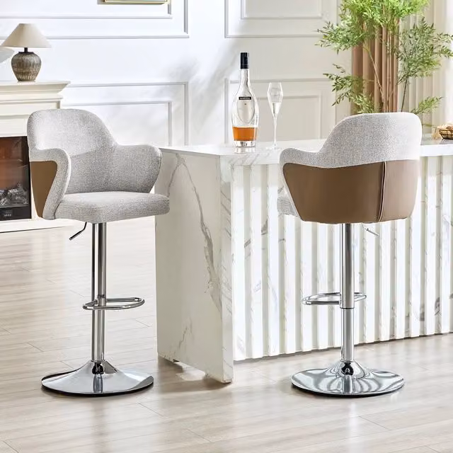 Set di 2 sgabelli da bar MINIMAL imbottiti con braccioli, girevoli a 360 gradi e altezza regolabile, in tessuto grigio o marrone con struttura in metallo