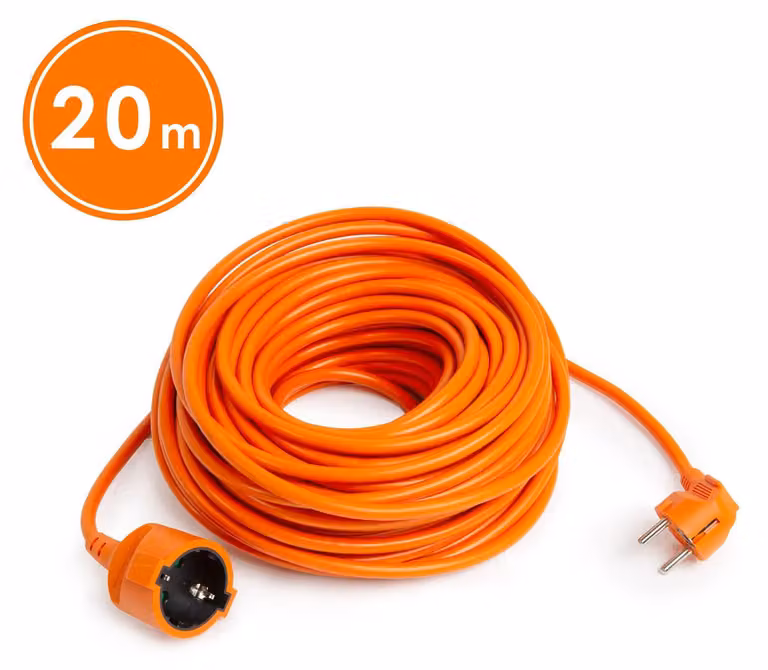 Cavo di prolunga - 20 m - Arancione - Spina a 90° - CEE 7/7 su Schuko CEE 7/4 - 3×1,5 mm² H05VV-F - 250 V CA - 10/16 A - Per casa, ufficio e giardino - Isolamento spesso per proteggere dal danneggiamento del cavo [20502OR]