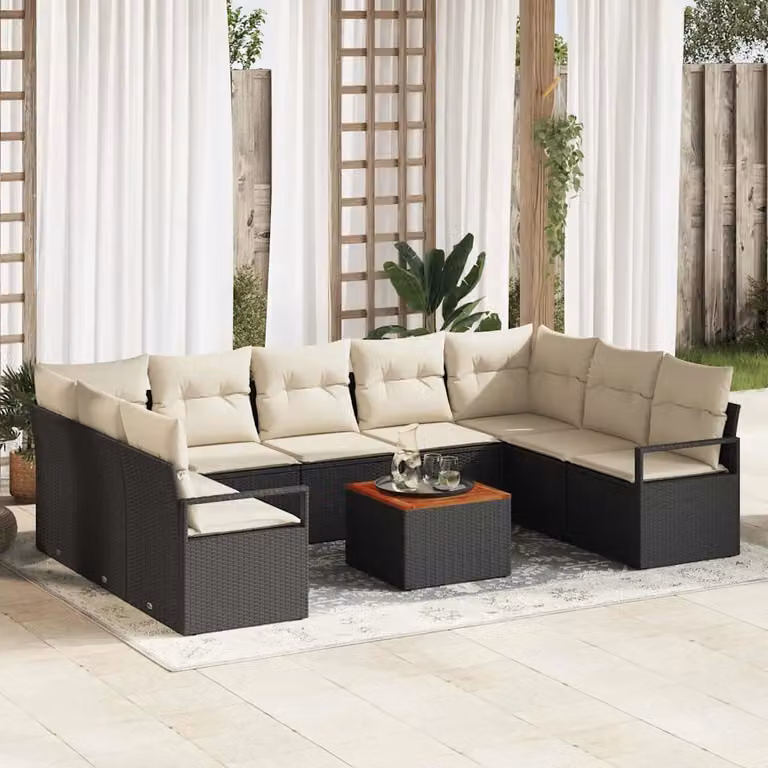 Set Divano da Giardino vidaXL 10 Pezzi a Forma di L in Polyrattan Nero con Cuscini e Tavolino da Caffè