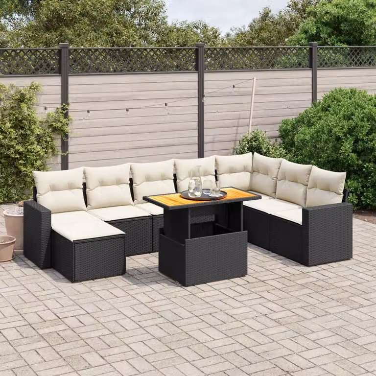 vidaXL Set Divani da Giardino 9 pz in Polyrattan Nero con Cuscini e Tavolino da Esterno