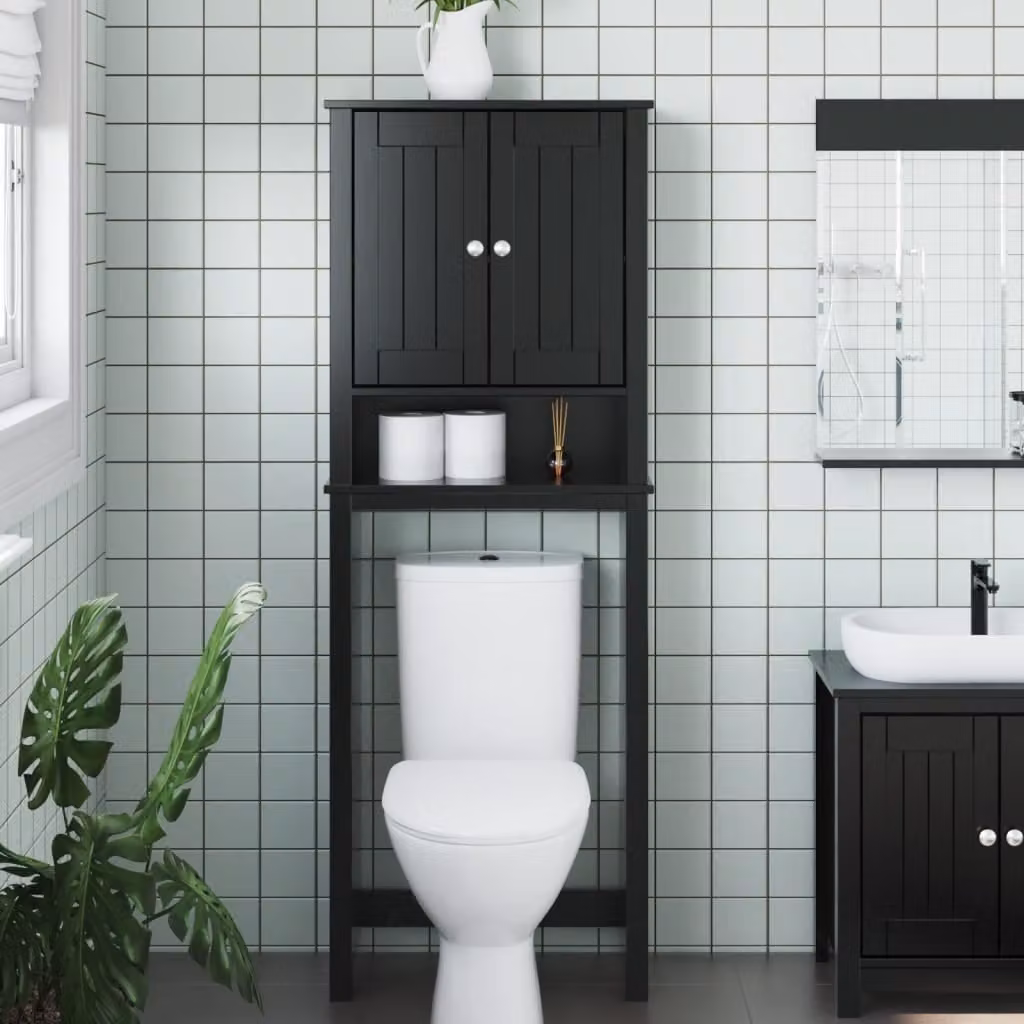 Portaoggetti sopra WC BERG vidaXL in legno di pino e metallo, Nero, L: 60 cm, P: 27 cm, H: 164,5 cm