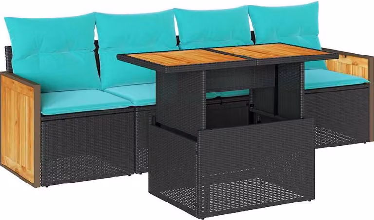 Set Divani da Giardino 5 pz con Cuscini Nero Polyrattan Acacia