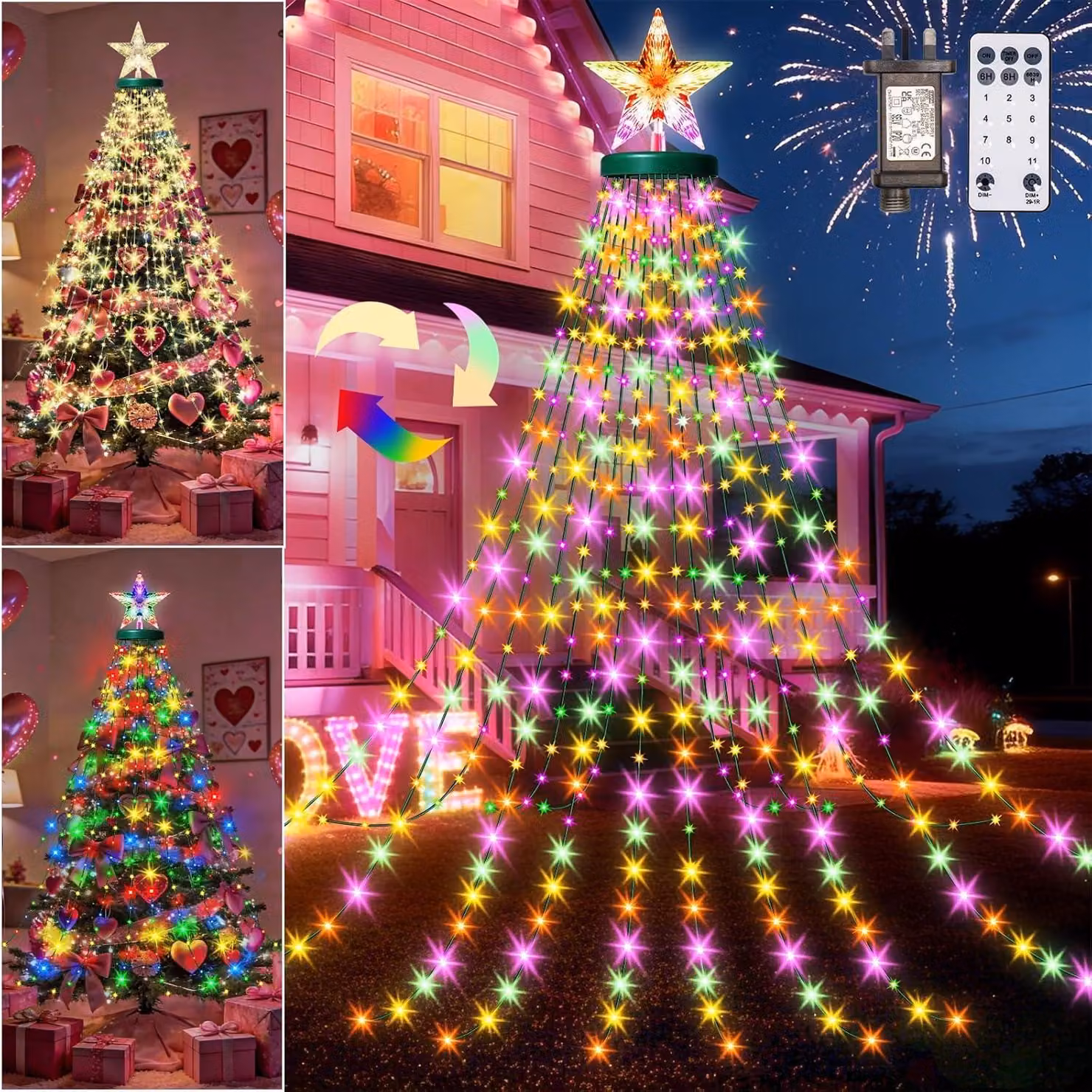 Catena luminosa natalizia a forma di stella, con 410 LED, 12 modalità, timer e telecomando