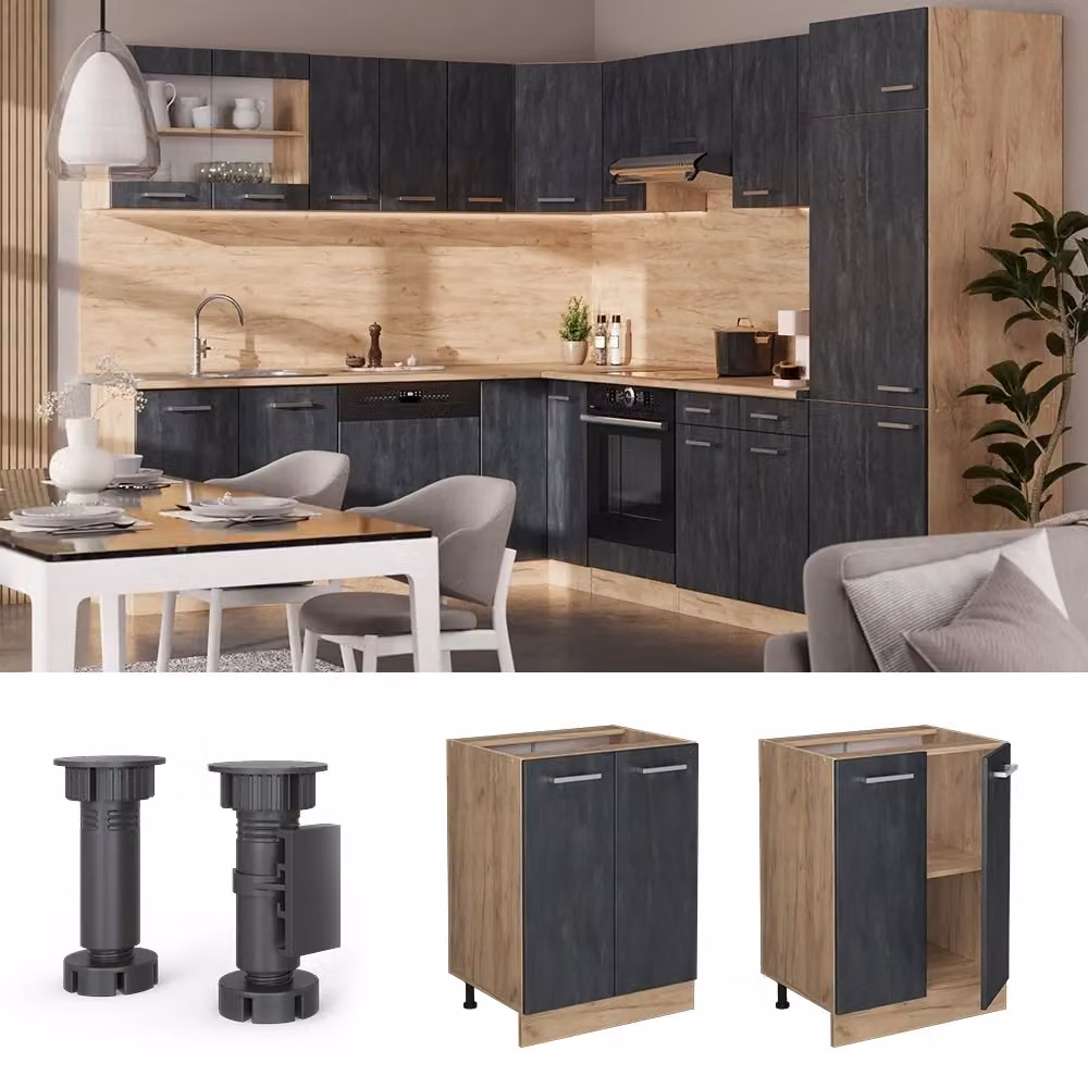 Mobiletto base cucina Vicco R-Line moderno con ante a battente, finitura opaca, colori nero, marrone e grigio, L: 60 cm, H: 81,6 cm, P: 46 cm – 2