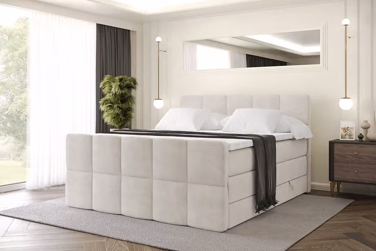 Letto boxspring ALTDECOR con materasso e rete a doghe, topper, letto imbottito con contenitore, letto con spazio contenitivo per materassi H3 e H4, letto matrimoniale, letto boxspring -LIRO-Z KING-200x200 - Beige Casablanca