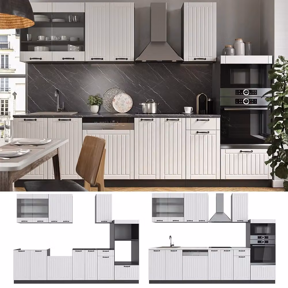 Cucina componibile Vicco Fame-Line Bianco rustico e Antracite, L: 300 cm, con armadio alto e ante con cerniere soft-close, senza piano di lavoro – 2