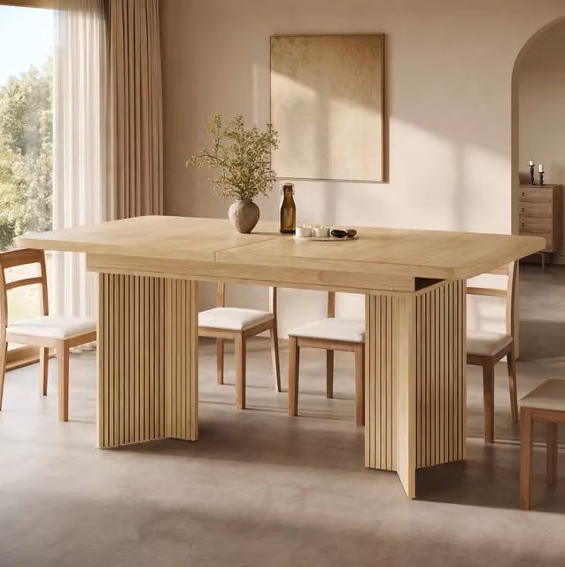 Tavolo da pranzo allungabile ULEVR 120-160x80 cm in MDF e metallo, gambe a V scanalate, effetto legno
