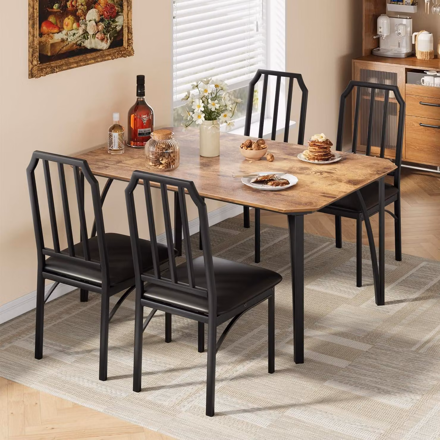 Set da pranzo con tavolo e 4 sedie imbottite, finitura effetto legno vintage, colore marrone, dimensioni 110x70x78 cm