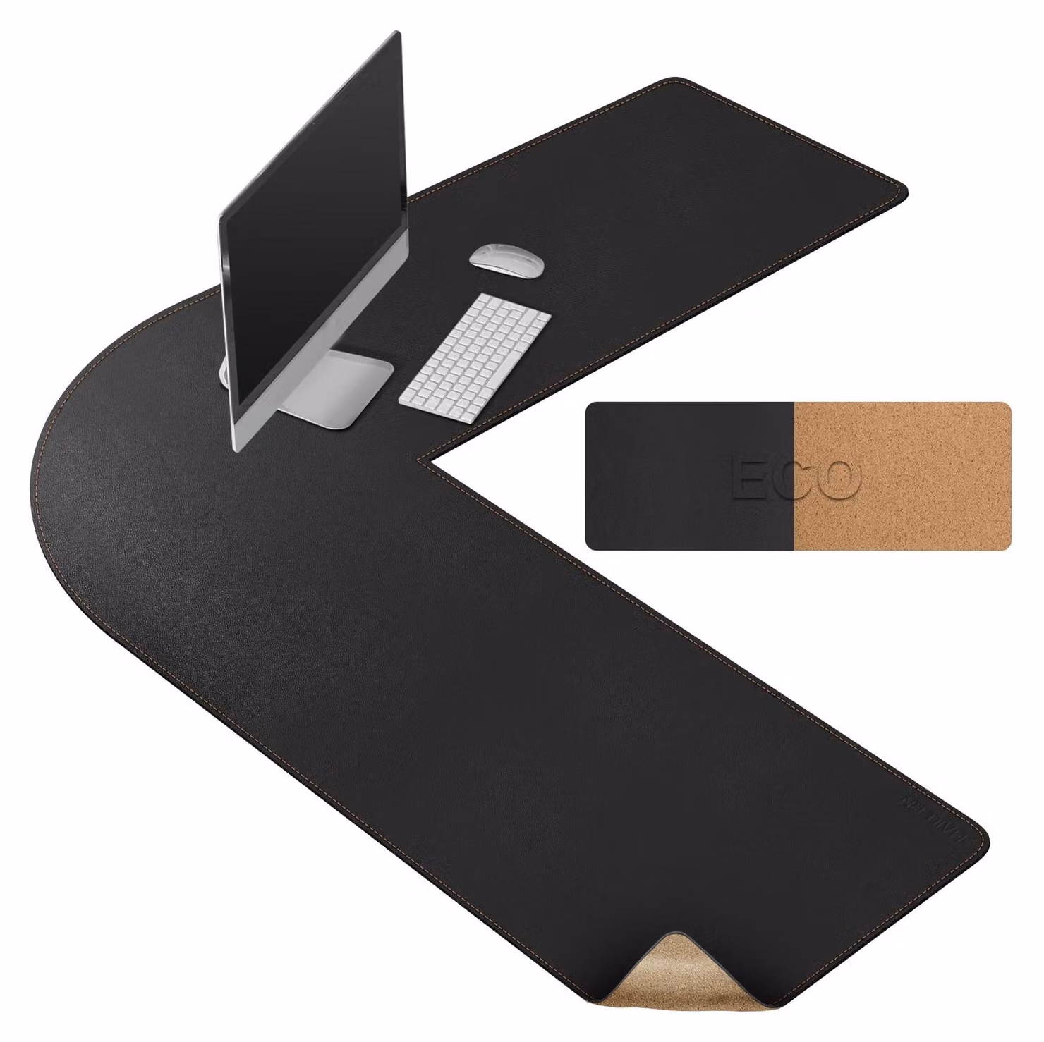 Tappetino da scrivania a forma di L, realizzato in sughero e pelle, reversibile