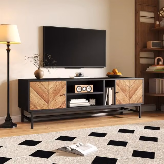 Mobile TV da 150 cm ¨C design a contrasto nero e legno con spazio contenitivo versatile, comprendente ante, vani orizzontali e verticali, design