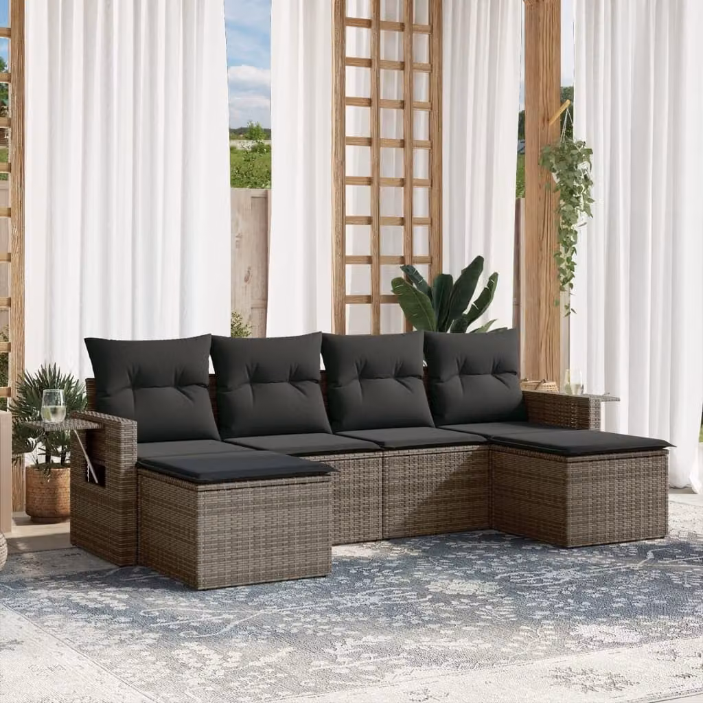 vidaXL Set Divano da Giardino a L in Polyrattan Grigio con 6 Pezzi e Cuscini Imbottiti – 1