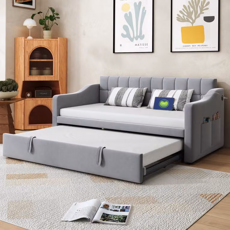 okwish Divano letto 2 in 1 90×190, letto da giorno con letto estraibile e porte USB, Letto da giorno con borsa portaoggetti, senza materasso, grigio chiaro