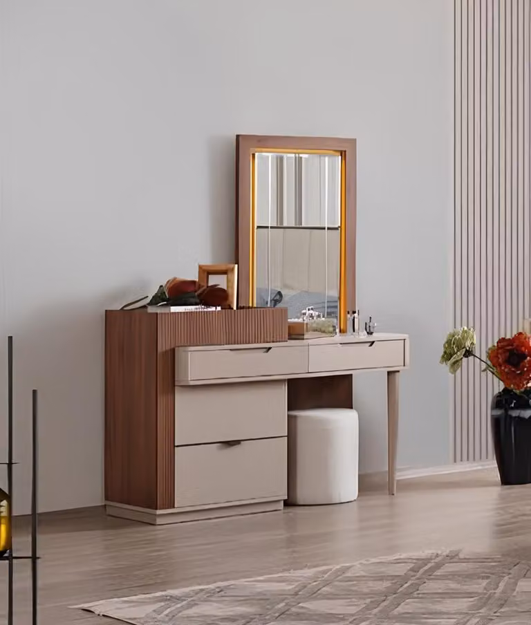 Beige-Braune Schlafzimmer Kommode Designer Schminktisch Mit Spiegel 2tlg