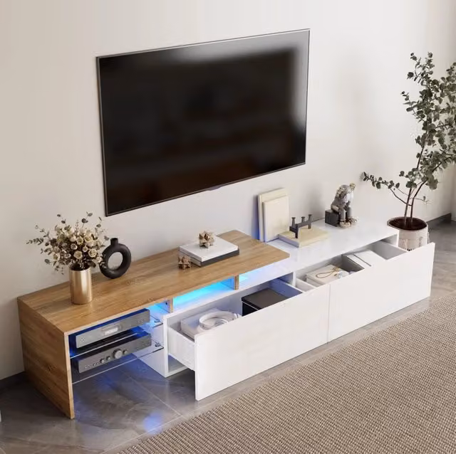 Mobile TV moderno in truciolato bianco e legno con ripiani in vetro e illuminazione LED a 16 colori, 170x33x33,5 cm