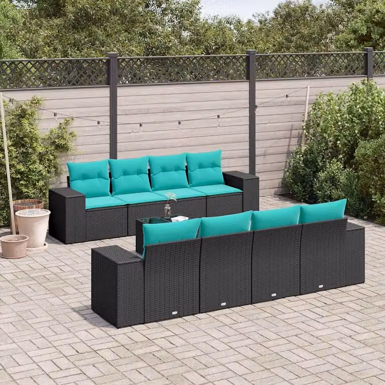 Set di divani da giardino vidaXL in polyrattan nero con cuscini e tavolino da esterno a forma di U