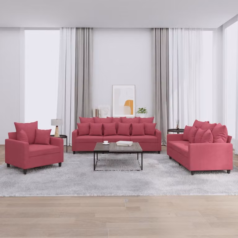 Set di divani 3 pezzi vidaXL in velluto rosso con cuscini per soggiorno moderno