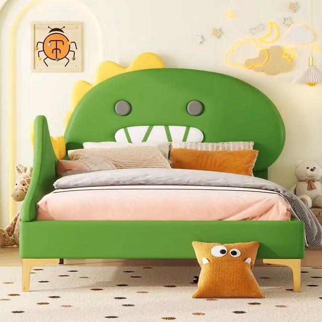 Letto singolo a forma di dinosauro ¨C Minimal ¨C Verde similpelle 90x200 cm