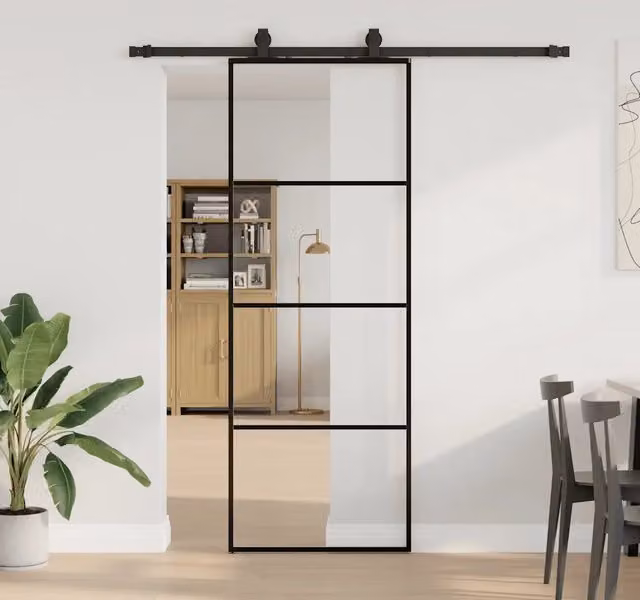 Porta Scorrevole Moderna VIDAXL in Vetro Trasparente con Telaio in Alluminio Nero L: 76 cm, H: 205 cm – 1