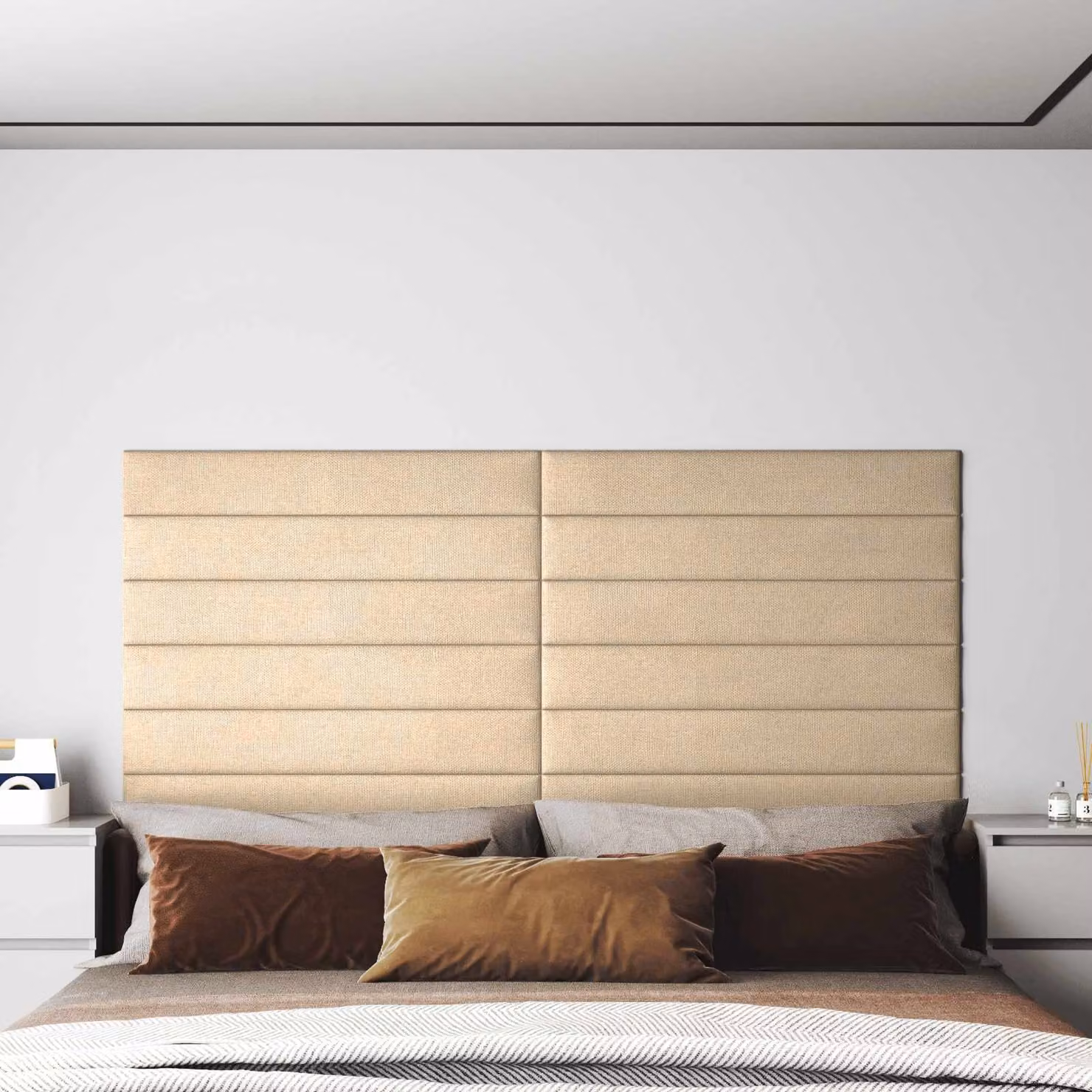 Set di 12 pannelli per testiera da parete vidaXL in tessuto beige, dimensioni: 90 x 15 x 1,5 cm