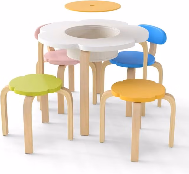 Set tavolo e sedie per bambini Design Mania a forma di fiore in legno multicolore con area gioco per attività creative