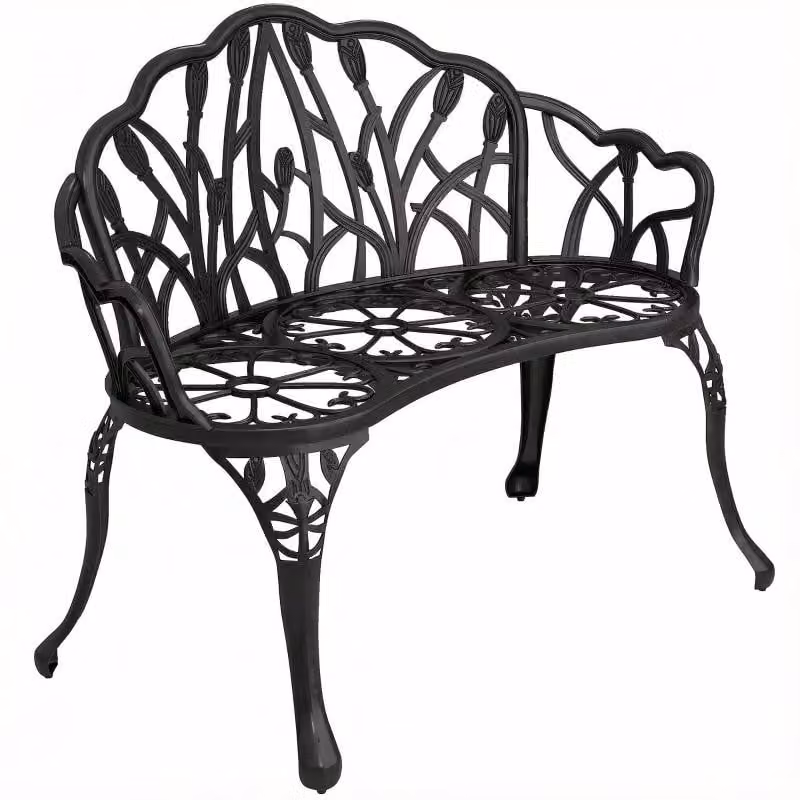 Moonbite, panchina da giardino in alluminio per due persone, con schienale a forma di tulipano e motivi floreali, design traforato per una maggiore ventilazione, portata massima di 240 kg, piedini antiscivolo, 99 cm di altezza, colore nero