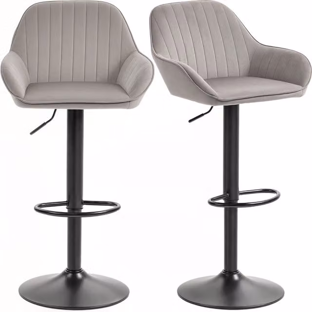 Set di 2 sgabelli da bar HOMCOM in velluto grigio, girevoli con poggiapiedi e altezza regolabile, L/P/H: 50.5 x 50.5 x 107 cm