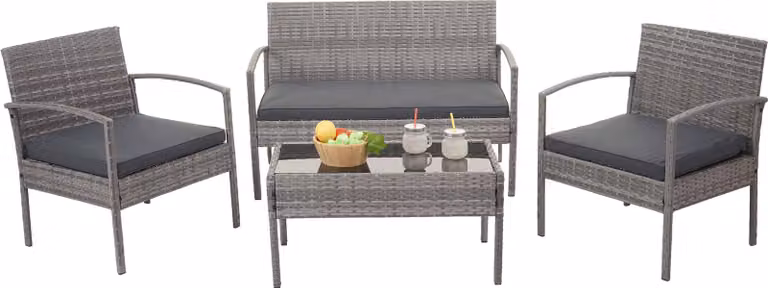 Set in poly-rattan HWC-F56, set da balcone/giardino/salotto ~ grigio, cuscini grigio scuro
