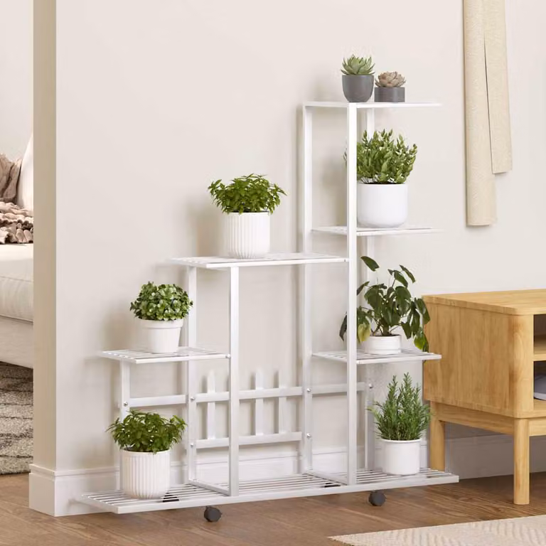 vidaXL Portapiante Moderno in Metallo Bianco con Ruote L: 94,5 cm, P: 25 cm, H: 92,5 cm