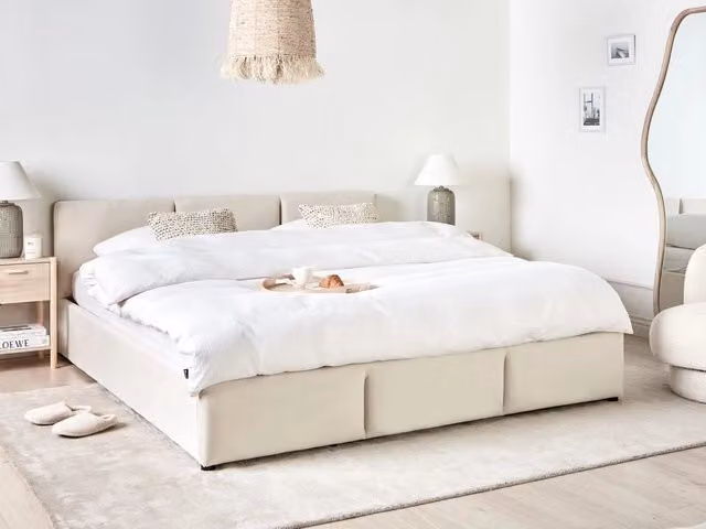 Letto Ottomano Beige Chiaro Velluto Tappezzato 180 x 200 cm Testiera Travestita Funzione Contenitore