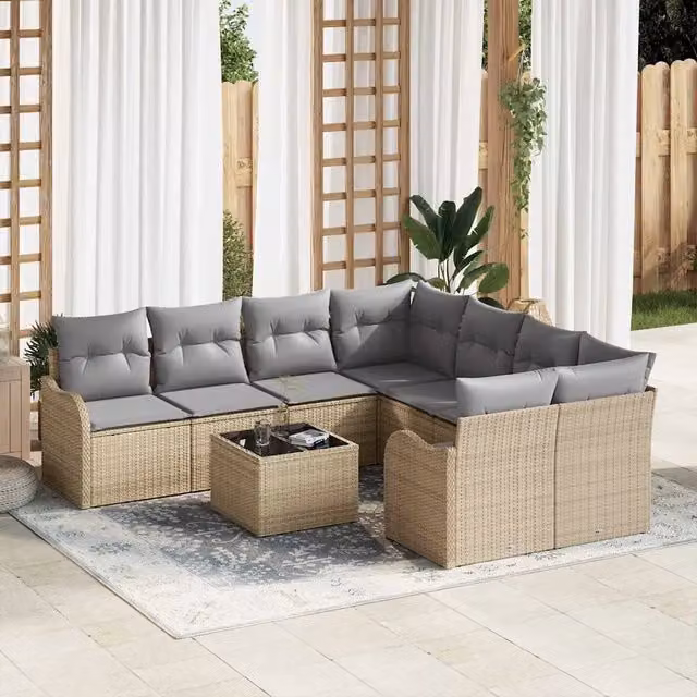 Set Divano da Giardino vidaXL 9 Pezzi con Tavolino e Ottoman, Design Moderno a L, Colore Beige e Grigio
