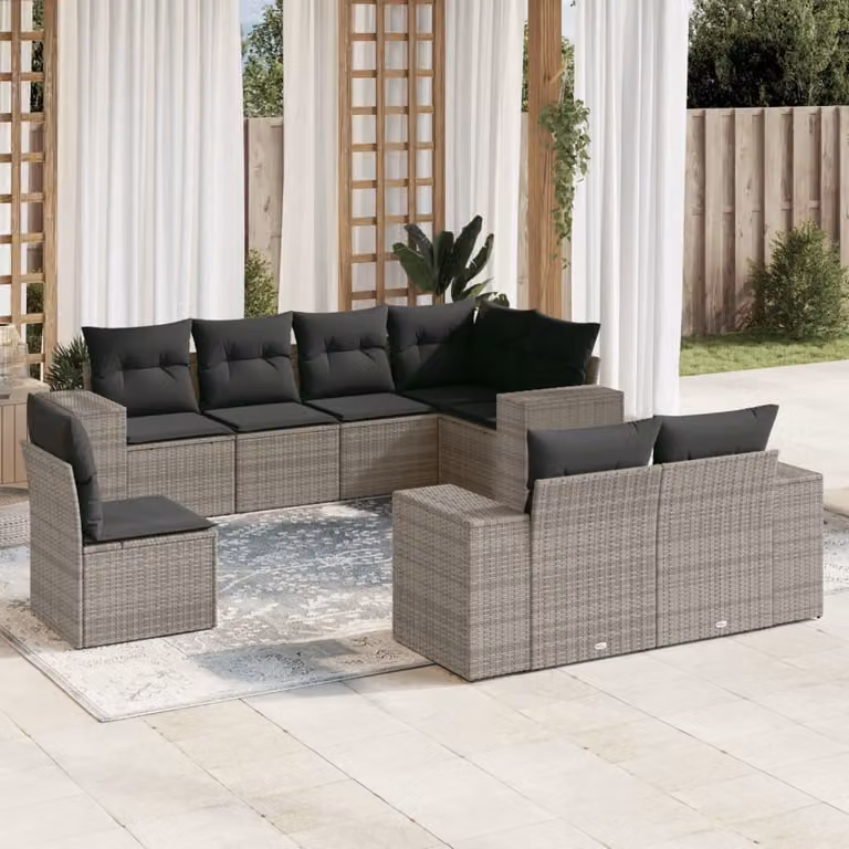 vidaXL Set Divano da Giardino 8 pz in Polyrattan Grigio con Cuscini e Struttura in Metallo