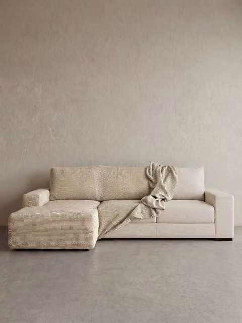 Fodera per divano chaise longue Coven Kenay Home, modello a righe jacquard beige e bianco, con bracciolo lungo a sinistra, Larghezza: 300 cm