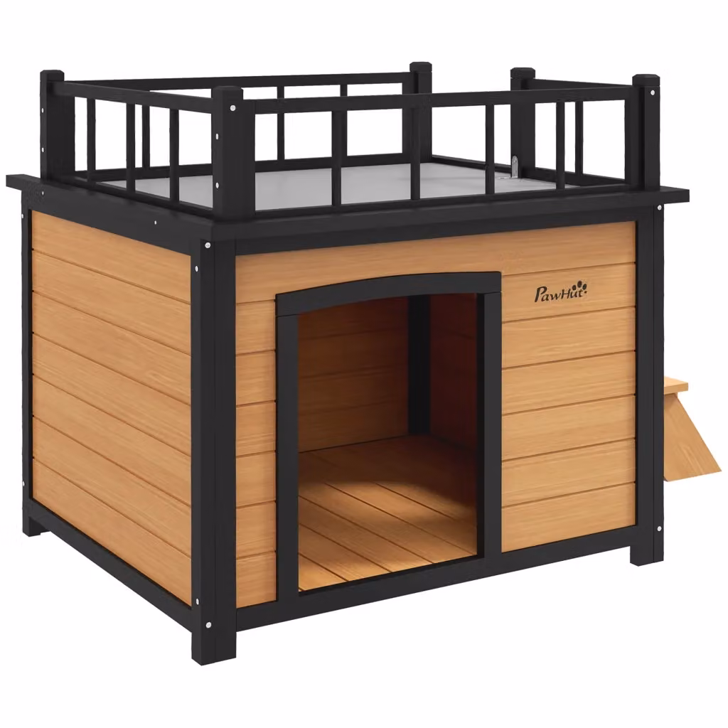 Cuccia per cani XYLO in legno con terrazza sul tetto impermeabile Nero/Giallo L: 121 cm, P: 77 cm, H: 78 cm – 2
