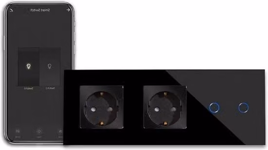 Interruttore Intelligente WiFi con Doppio Contatto e Scatola di Comando WLAN, Pannello in Vetro Nero con Indicatore LED, Compatibile con Alexa e Google Home