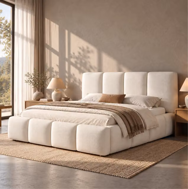 Letto matrimoniale contenitore idraulico 160x200 cm con rete a doghe e rivestimento bouclé bianco