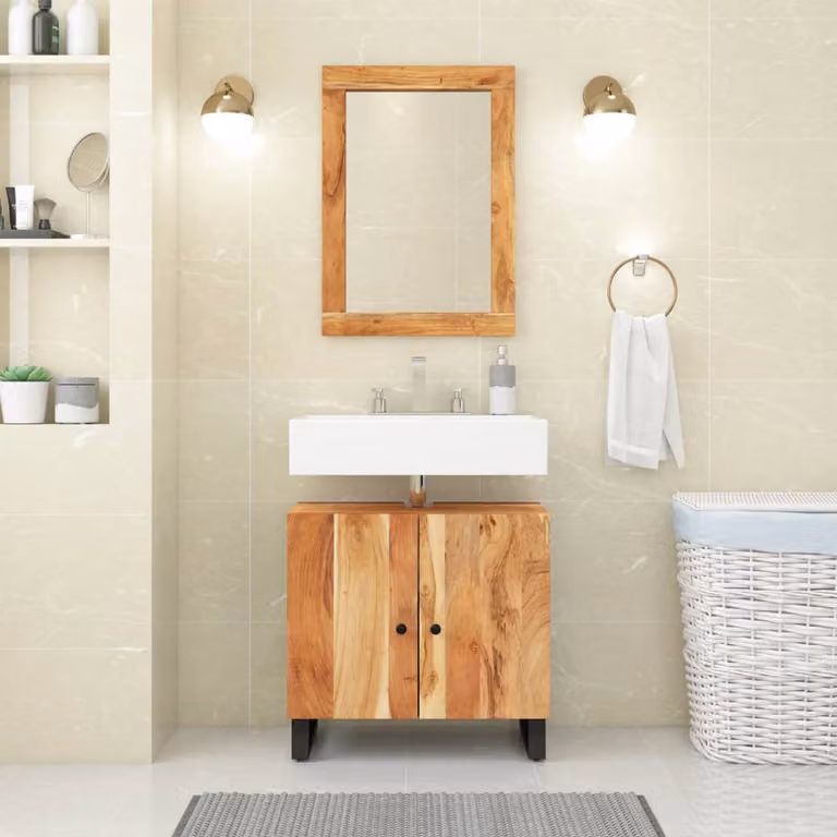 Lavabo Mobile vidaXL in Legno di Acacia e Metallo, Marrone, L: 62 cm, P: 33 cm, H: 58 cm