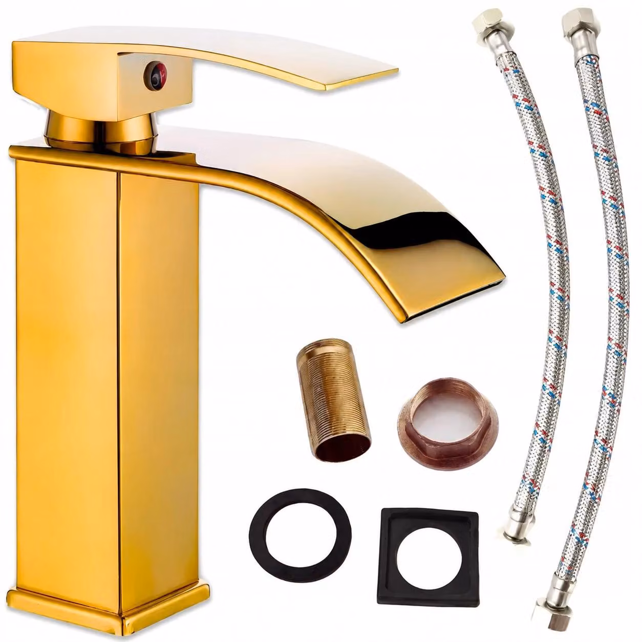 Miscelatore per lavabo – Montaggio a incasso – Acciaio inossidabile – Valvola in ottone – Monocomando – Acqua calda/fredda – Bocchetta a cascata – Oro
