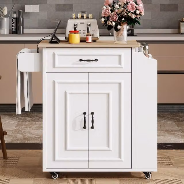 Isola Cucina su Ruote MINIMAL con Piano Pieghevole, Cassetto e Ripiano in Legno e MDF Bianco L/P/H: 38.0 x 30.7 x 86.0 cm
