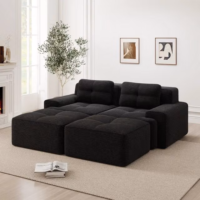Divano modulare a U - Zephmum - 2 posti, tessuto corduroy, seduta profonda, colore nero
