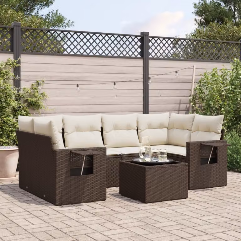 vidaXL Set Divani da Giardino 7 pz in Polyrattan Marrone con Cuscini e Tavolino