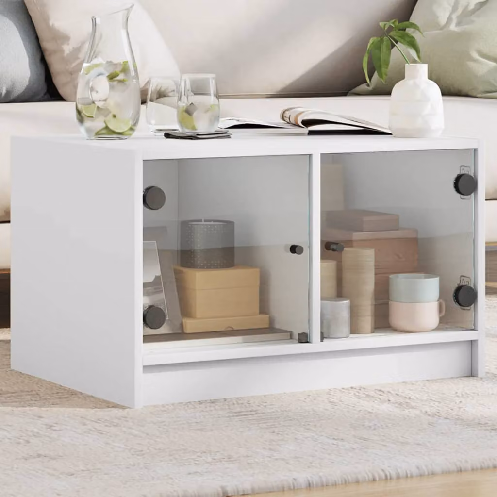 vidaXL Tavolino da Salotto Moderno Bianco con Ante in Vetro L: 68 cm, P: 50 cm, H: 42 cm