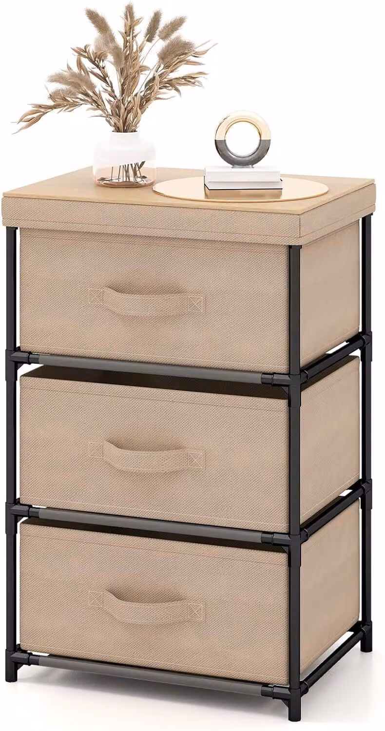 KOMFOTTEU Comodino con 3 cassetti estraibili e pieghevoli, contenitore in tessuto, robusto telaio in metallo, 20 x 48 x 76 cm (L x P x A)