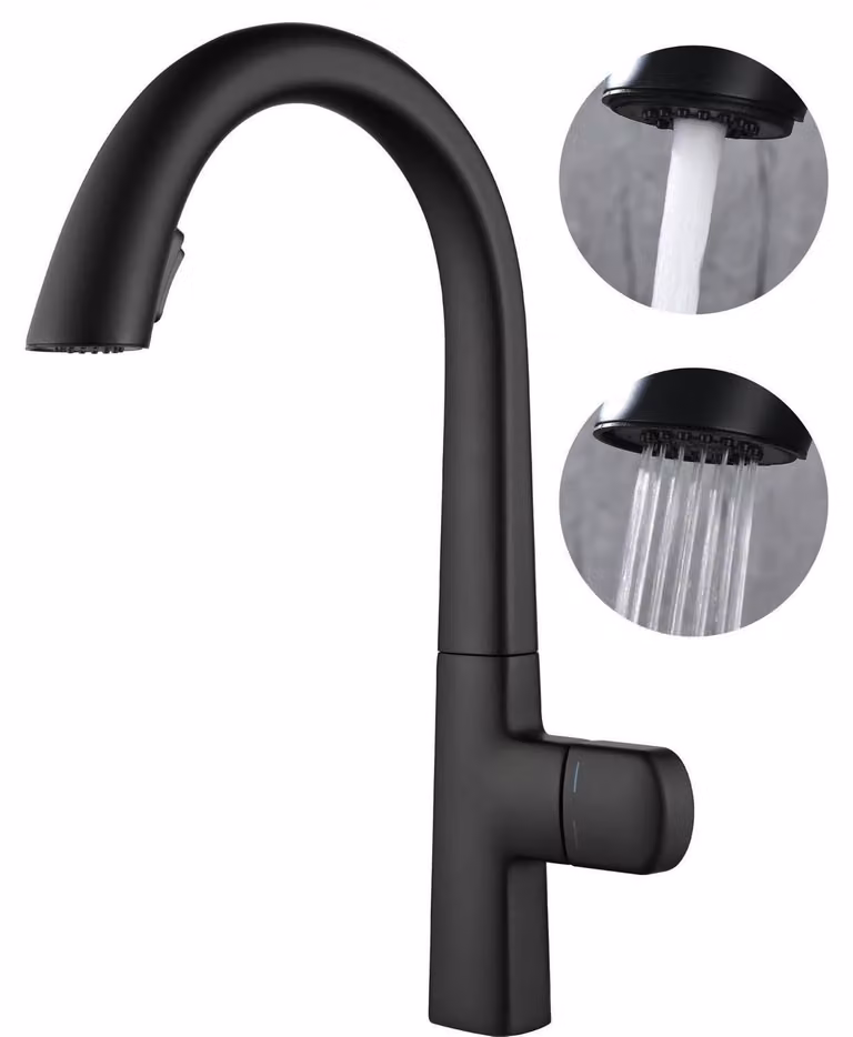 Miscelatore da cucina estraibile, nero, rotazione a 360°, con 2 funzioni di spruzzo dell'acqua, finitura in rame