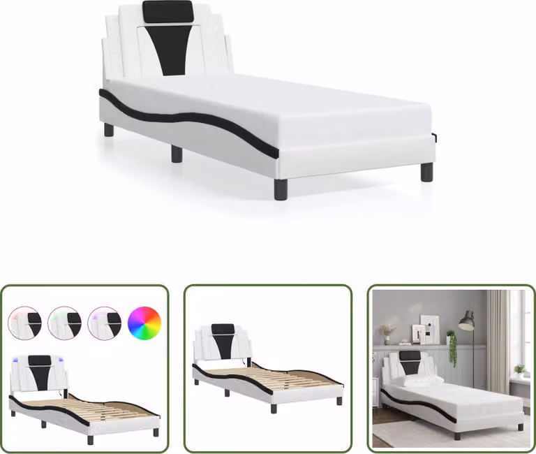 The Living Store Struttura letto con LED bianco e nero 90x190 cm in ecopelle