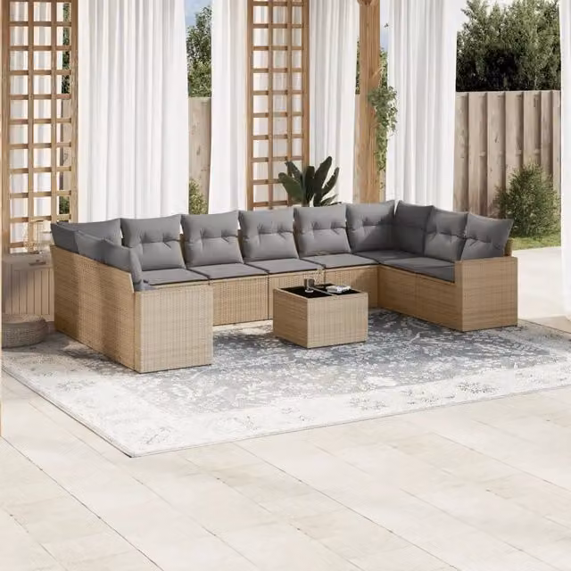 Set di Divani da Giardino VIDAXL in Polyrattan con Cuscini Beige, 11 Pezzi