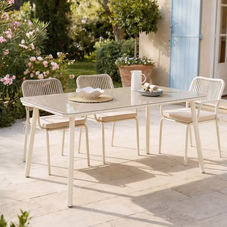 Tavolo da giardino Volonte 160x90 cm, beige - Tavolo da esterno con piano in vetro per terrazza e balcone, struttura in alluminio con dettagli in corda, moderno e facile da pulire, spazio per 6 persone, robusto e stabile