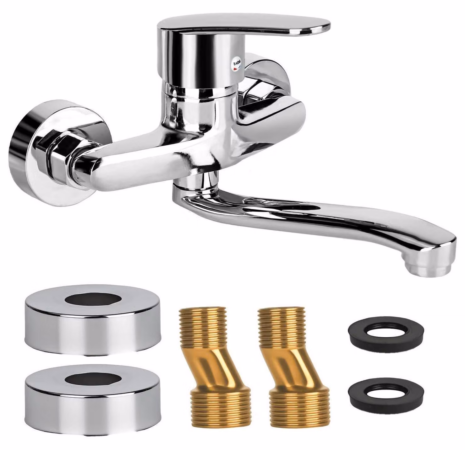 Miscelatore da cucina, montaggio a parete, girevole a 360°, monocomando, acqua fredda e calda, 24 cm, con braccio girevole, finitura cromata