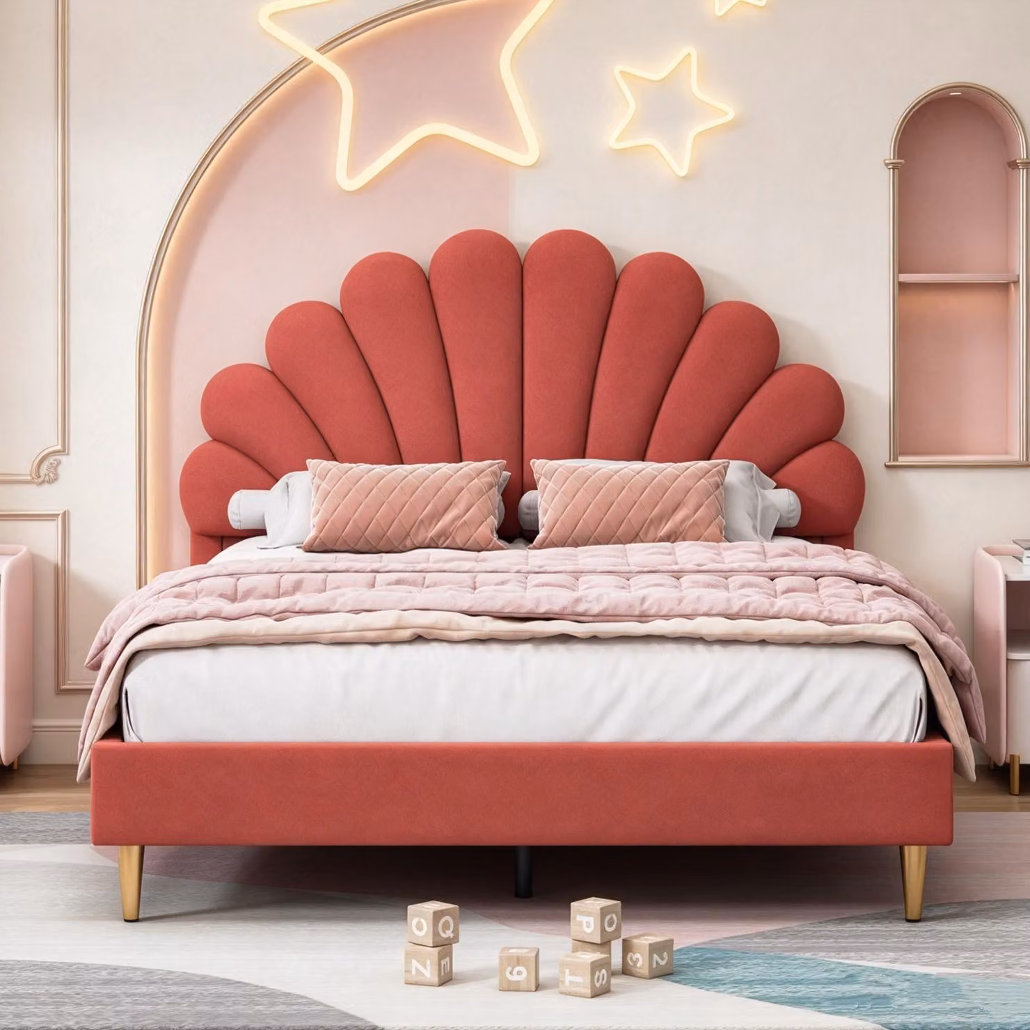 Letto imbottito INONEFT 140x200 cm con testiera a forma di fiore e rete a doghe, letto matrimoniale, letto per bambini, in velluto, colore bordeaux, adatto a bambini e adolescenti