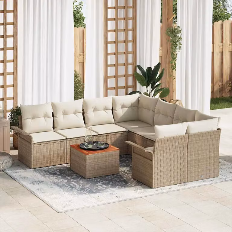 Set Divano da Giardino vidaXL a Forma di L con Tavolino da Caffè e Cuscini Beige, 9 Pezzi